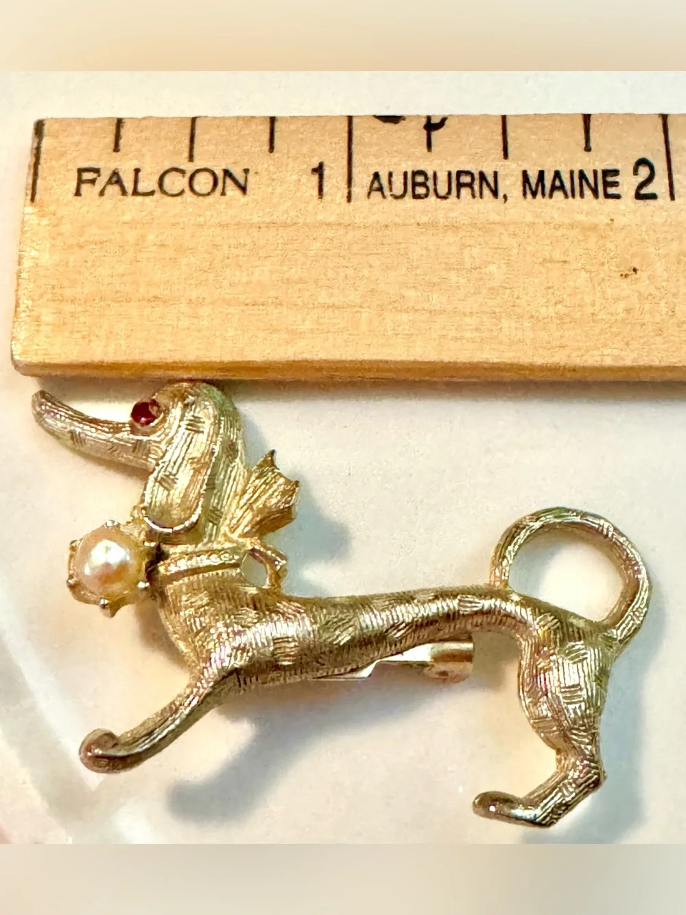 Vintage Gold Dachshund Dog Pin with Red Stone and Pearl